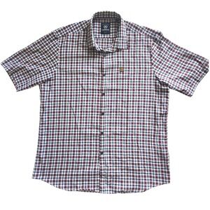 Lerros Mens Short Sleeve Plaid Button Down Shirt Burgundy Navy 100% Cotton XL